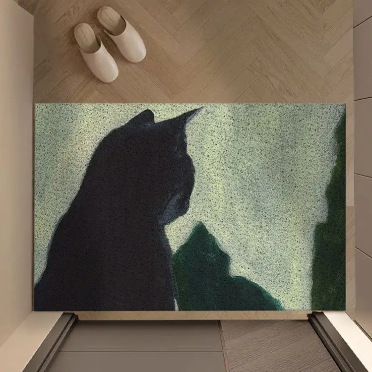 Vintage Art Figure & Black Cat PVC Coil Doormat Dark Aesthetic Wire Loop Mat Anti-Slip Dirt Catching Welcome Rug Entrance Decor