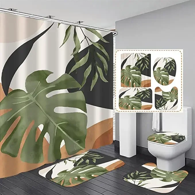

Набор занавесок для душа с сине-зелеными листьями и нескользящим ковриком, крышка унитаза, коврик для ванной и крючки, водонепроницаемые наборы декора с листьями растений и лозой