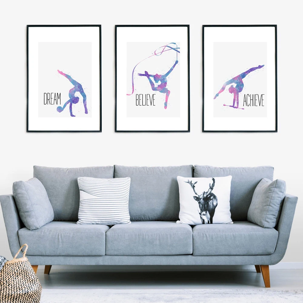 Dream Believe Achieve Rhythmic Gymnastics Watercolor Painting Inspiring Wall Art Canvas Poster Print Room Decor Pictures Cuadros