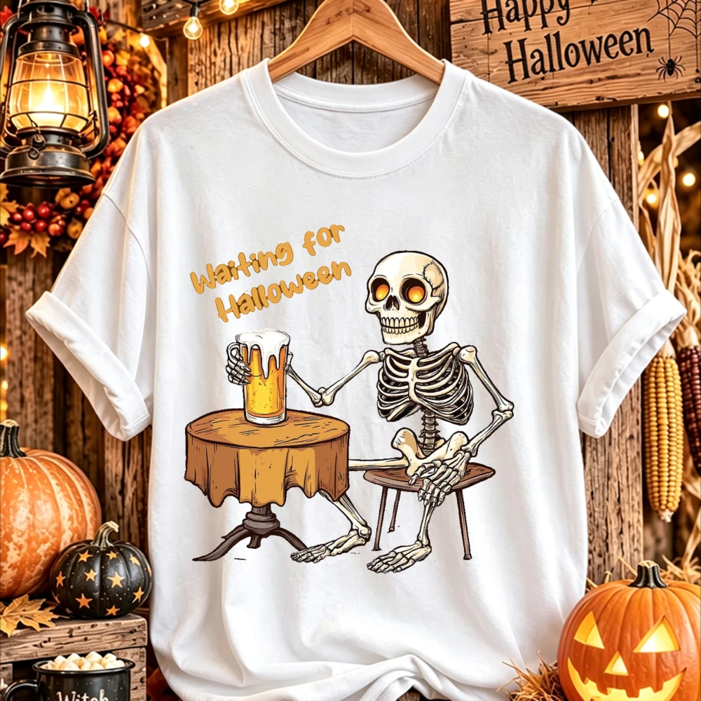 Funny Skeleton Drinking Beer T-shirt Waiting for Halloween Men Women Unisex Cotton Short Sleeve Graphic Tee Tops Women Clothing