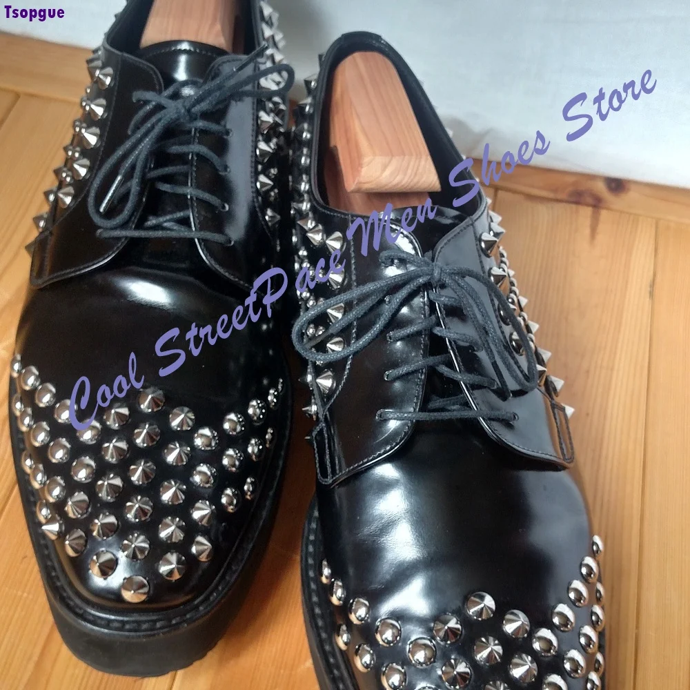 Men Black Platform Shoes Lace-up Leather Dress Shoes Gold Spike Rivet Decor Punk Rock Street Fashion Party Gentleman Footwear