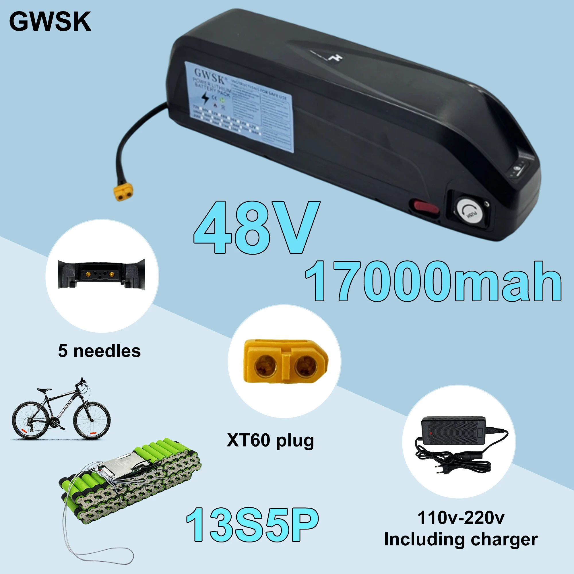 

GWSK, Hailong 5-pin battery 48V 17AH-20AH lithium battery pack, suitable for 250-3000W+BMS35AH