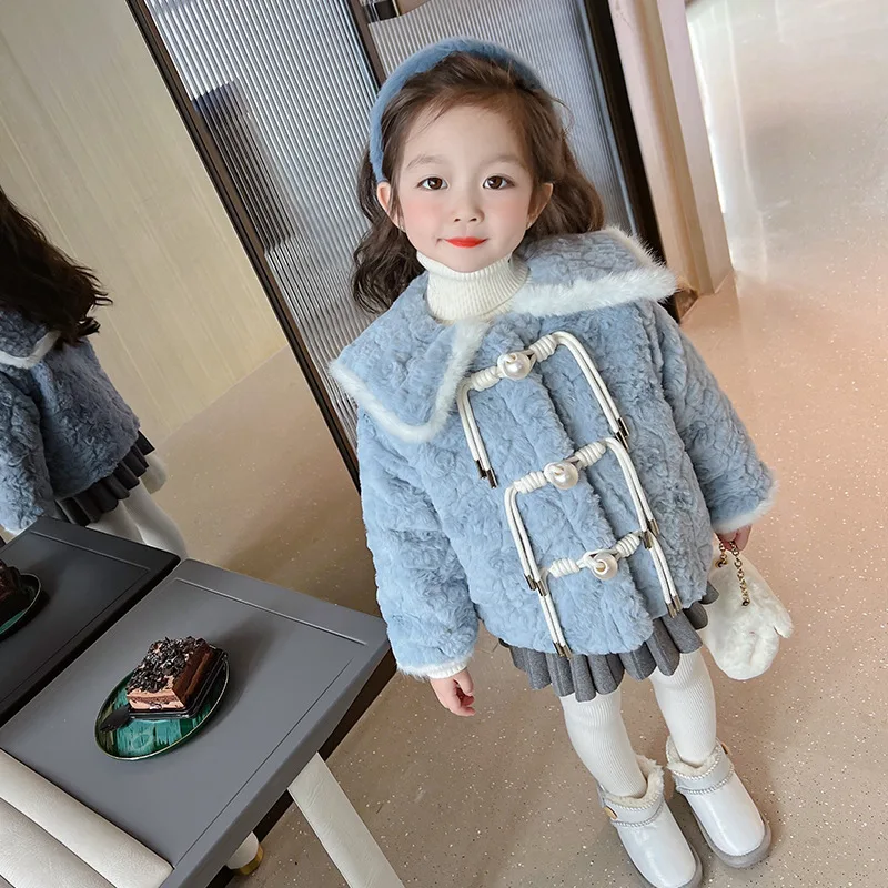 Girls Fleece Thick Cute Wool Coat Children 2024 New Autumn Winter Fashion Simple Casual Warm Coat Korean Sweet Style Top