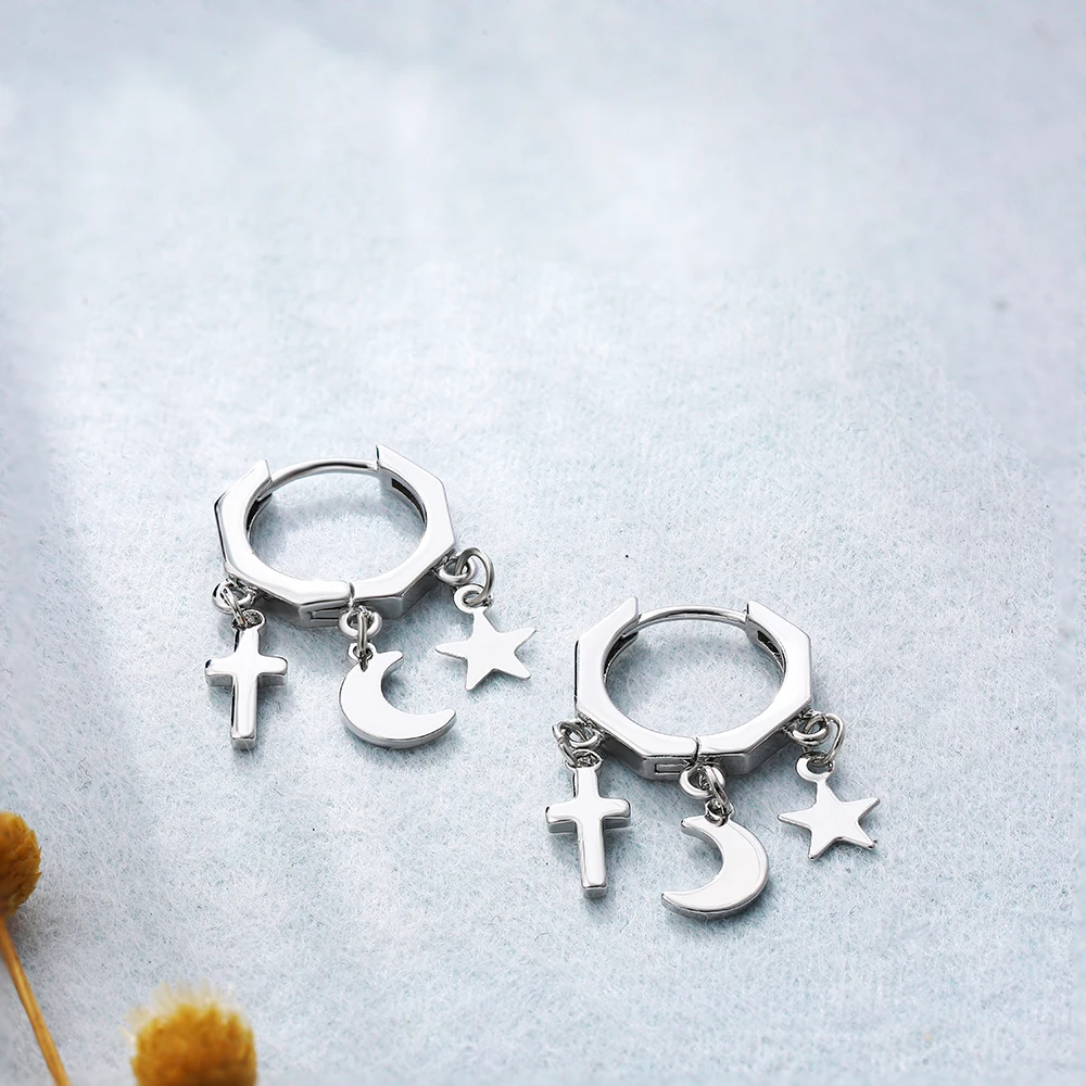 Religious Silver Color Star Moon Cross Charms Huggies Earrings for Women Girls Geometric Polygonal Small Hoop Earrings Punk Gift