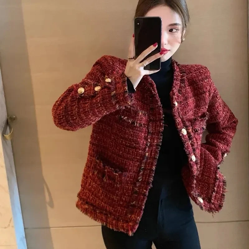 vVintage 2023 Autumn High end Temperament Red Fragrant Coat Women's Short Thick Tweed Fashion Women Slim Thicken Short Jacket