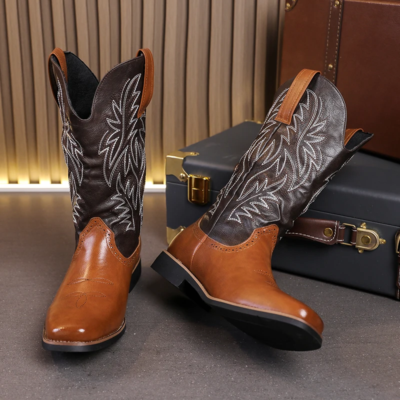 Classic Cowboy Boots Men PU Mixed Color Patch Embroidery Comfortable Western Outdoor Boots Large Size 38-48