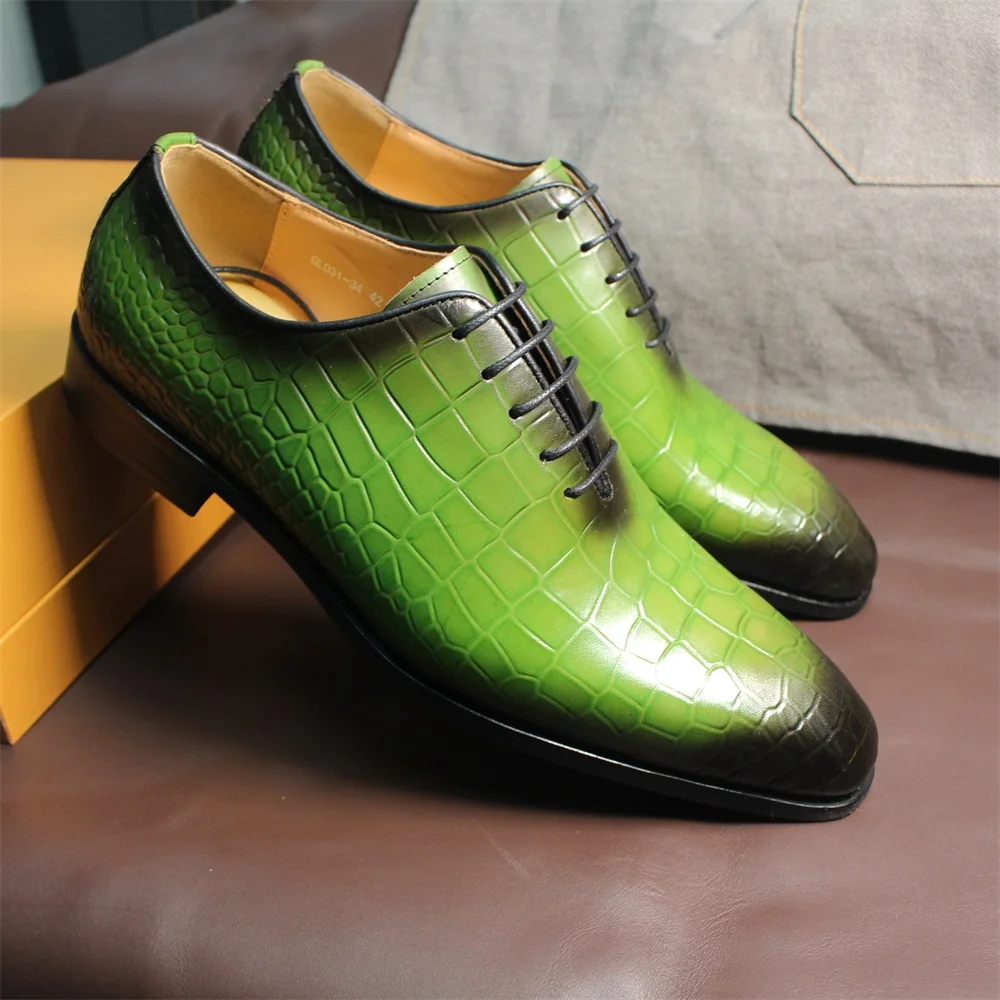 FELIX CHU Men's Genuine Cow Leather Shoes Crocodile Print Business Green Dress Shoes Formal Wedding Footwear for Spring Autumn - Image 6