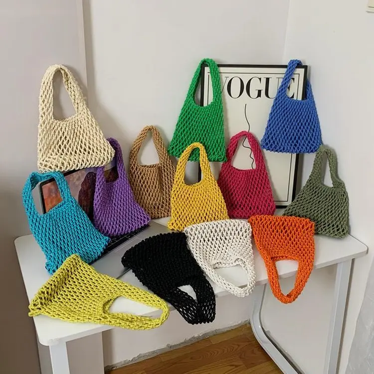 

Candy Colored Cotton Yarn Woven Bag 2024 Summer New Sle Parent-Child Handbag Net ket Picnic Bag for Girls
