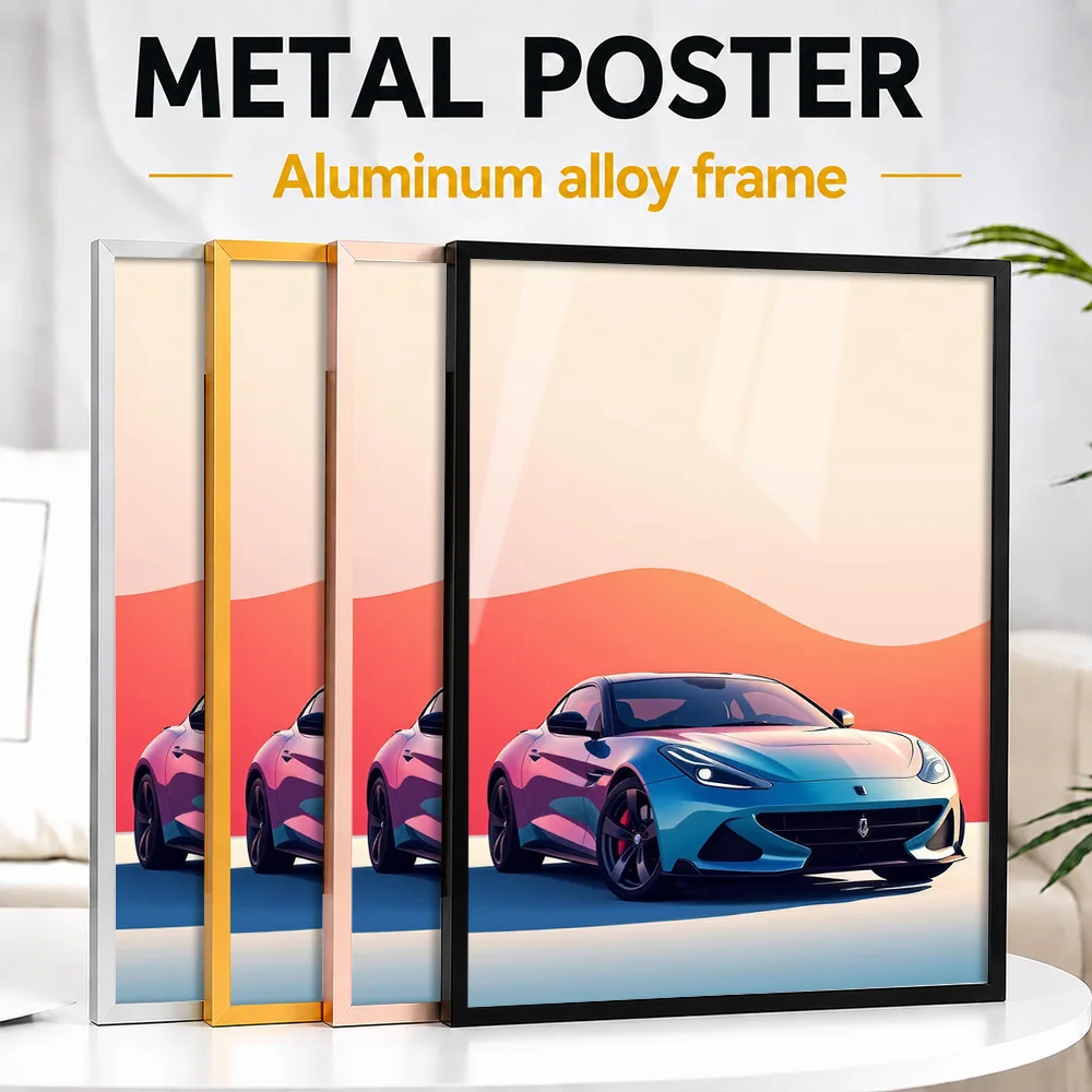 Blue And Pink Sports Car Framed Aluminum Metal Poster Customized Photo Neon Street Style Wall Art For Garage Memorable Fan Gift