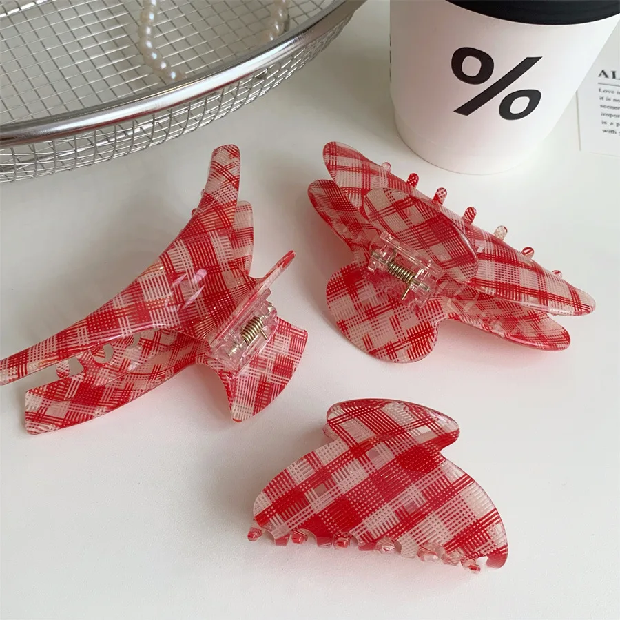 Pinza para el cabello de acetato a cuadros rojos grandes de 10,5 CM, pinzas para el cabello de estilo coreano, pinzas para el cabello de cangrejo Retro clásicas para mujeres y niñas, accesorios para el cabello