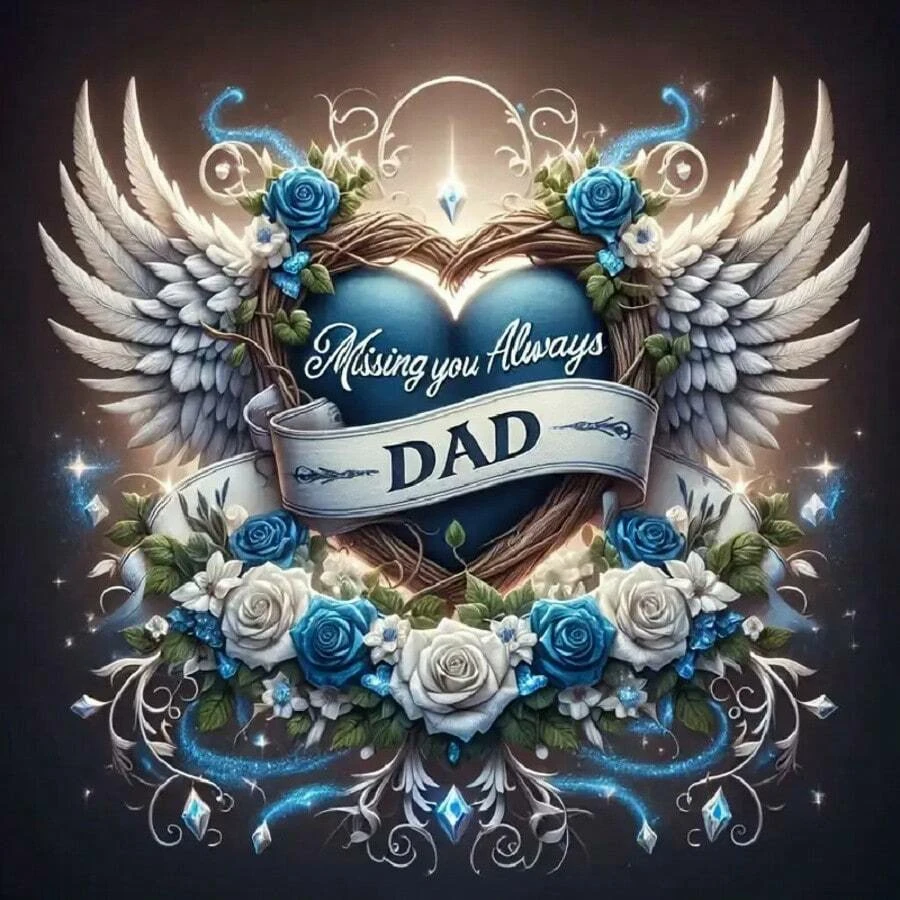 "Du bleibst immer bei mir, Papa" Gedenk-Engelsflügel mit Blauen Rosen 5D DIY Voll-Diamant-Malerei-Set, Beileidsandenken