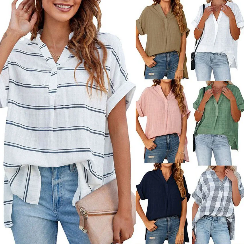 

V-neck Short Sleeve Striped Thin Loose Plaid Women Shirt Summer Comfort Daily Commuting Wear T-Shirts Multiple Style Selection