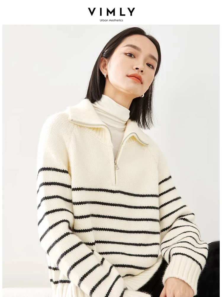 Vimly Contrast Striped Sweater 2023 Winter Knitted Pullovers Half Zipper Lapel Loose Tops High Strecth Jumpers Knitwear 16369