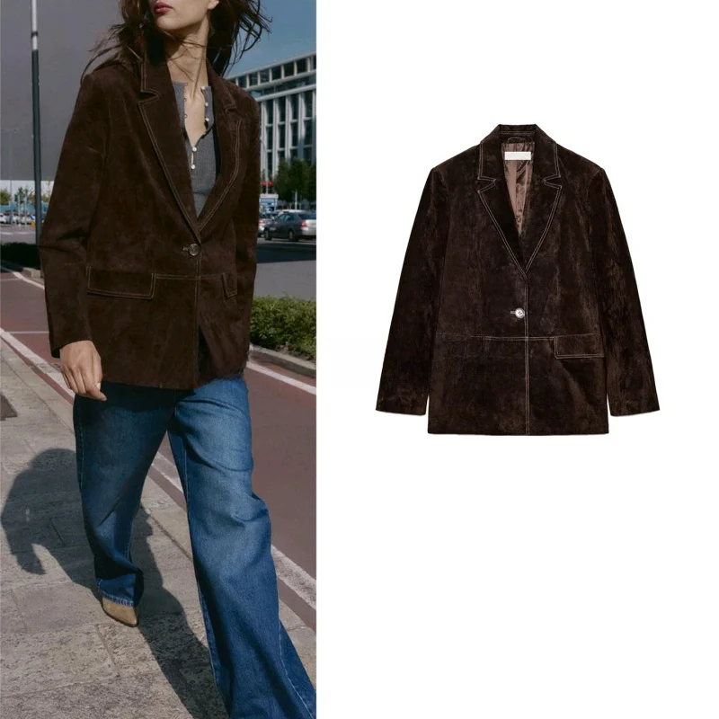 Fall Women's Commuter Style PU Leather Long Sleeve Suit Jacket with Shoulder Pads Straight Leg Casual Fashion Polyester Fiber