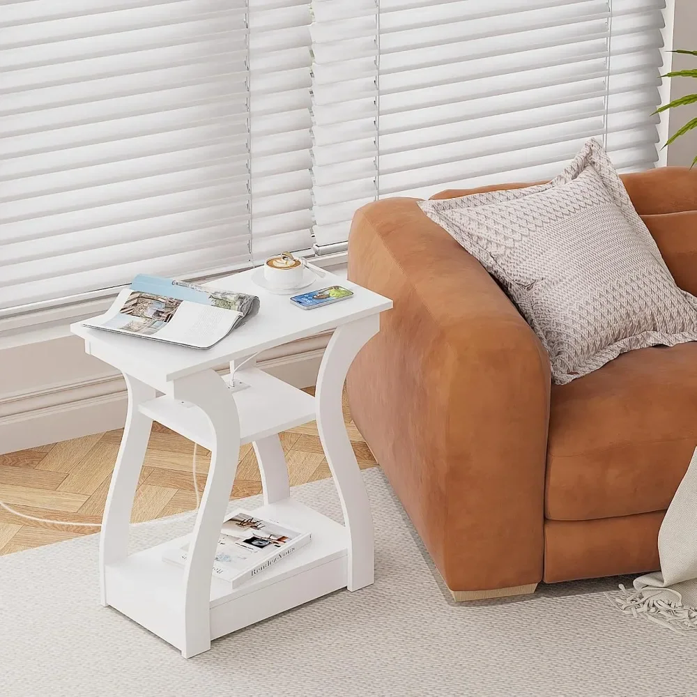 

Торцевые столики для гостиной, набор из 2 шт., торцевой белый стол с зарядной станцией, приставной столик, тумбочка для спальни, 3-х уровневый торцевой столик с