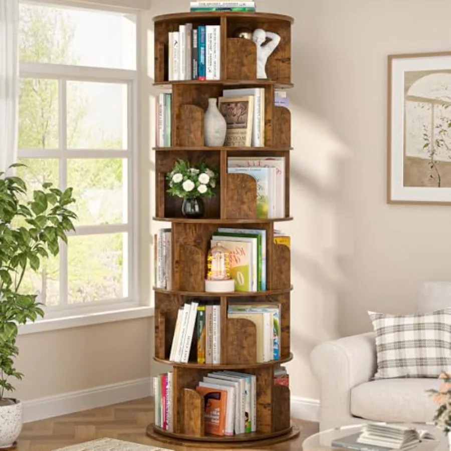 6 Tier Wood Rotating Bookshelf for Living Room, Natural Wood, 360 Spinning Book Shelf Tower with Sturdy Construction and Smooth