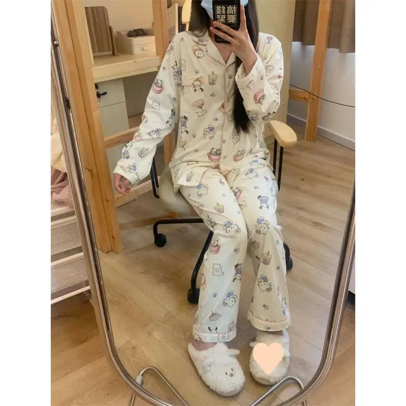 Sanrio Female Long Sleeves Leisure Wear Suit Spring and Autumn Kawaii Hello Kitty Comic Go Out Student Cardigan Pajamas Clothing