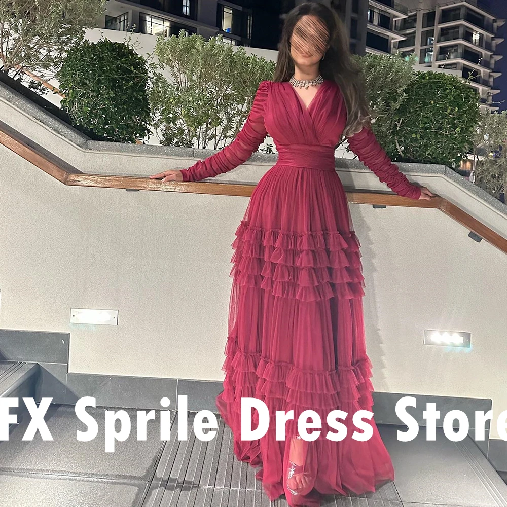 CustomizedBlue Tiered Tulle See Through Long Sleeves Evening Dress Elegant Floor Length A-Line V-Ncek Saudi Arabia Special Occas
