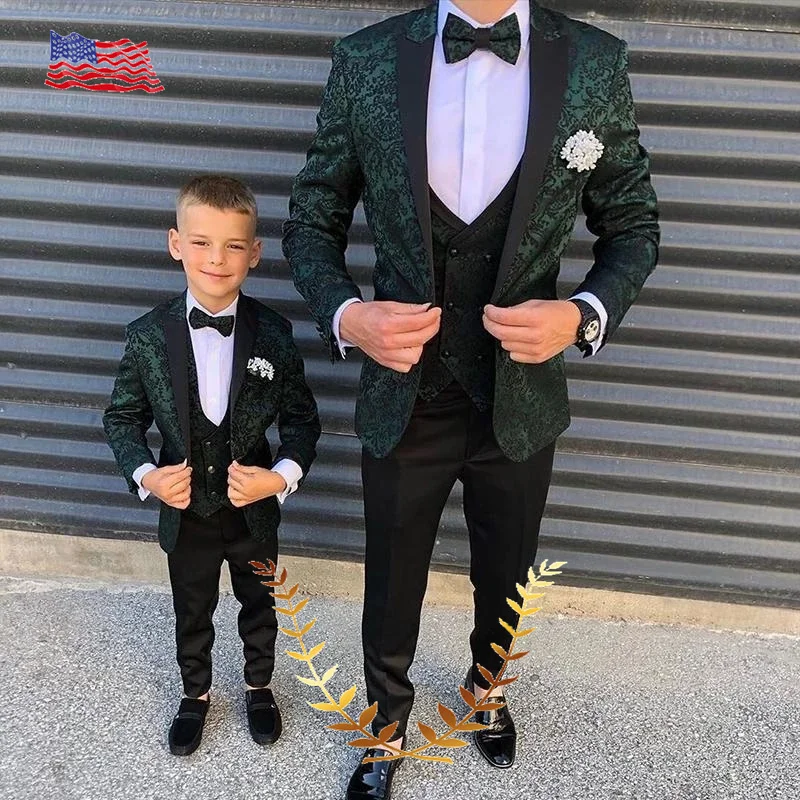 Fashionable Men's Suit Wedding Tuxedo Father and Child Suit Floral Jacket Pants Vest 3-piece Set Parent-child Outfit