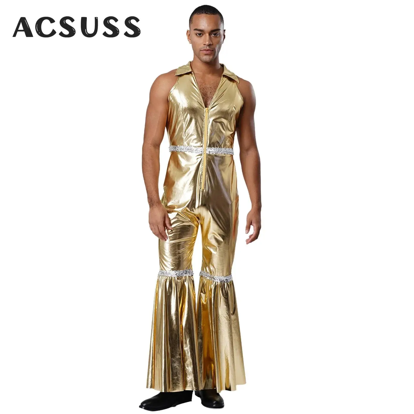 

Женский комбинезон в стиле ретро 70-х годов в стиле диско, металлический блестящий расклешенный комбинезон без рукавов для Хэллоуина, карнавала, вечеринки, танцев, хиппи, карнавальный костюм