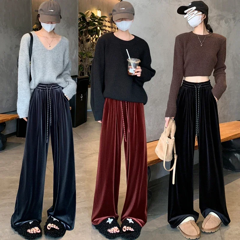 

Ankela Red Pleuche Straight Pants Female Fall Winter Elastic High Waist Drooping Trousers Casual Wide Leg Mop Pants Streetwear
