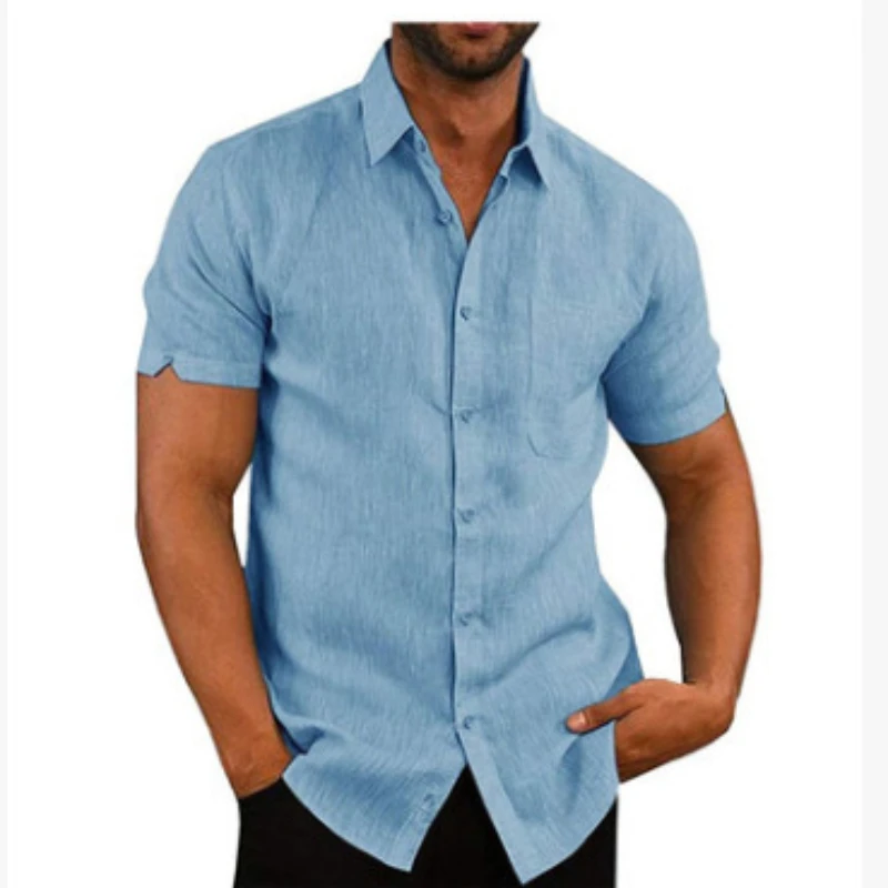 

Mens Linen Shirt Summer Lapel Collar Solid Short Sleeve Button Down Male Breathable Clothing Casual Beach Style Plus Size Blouse