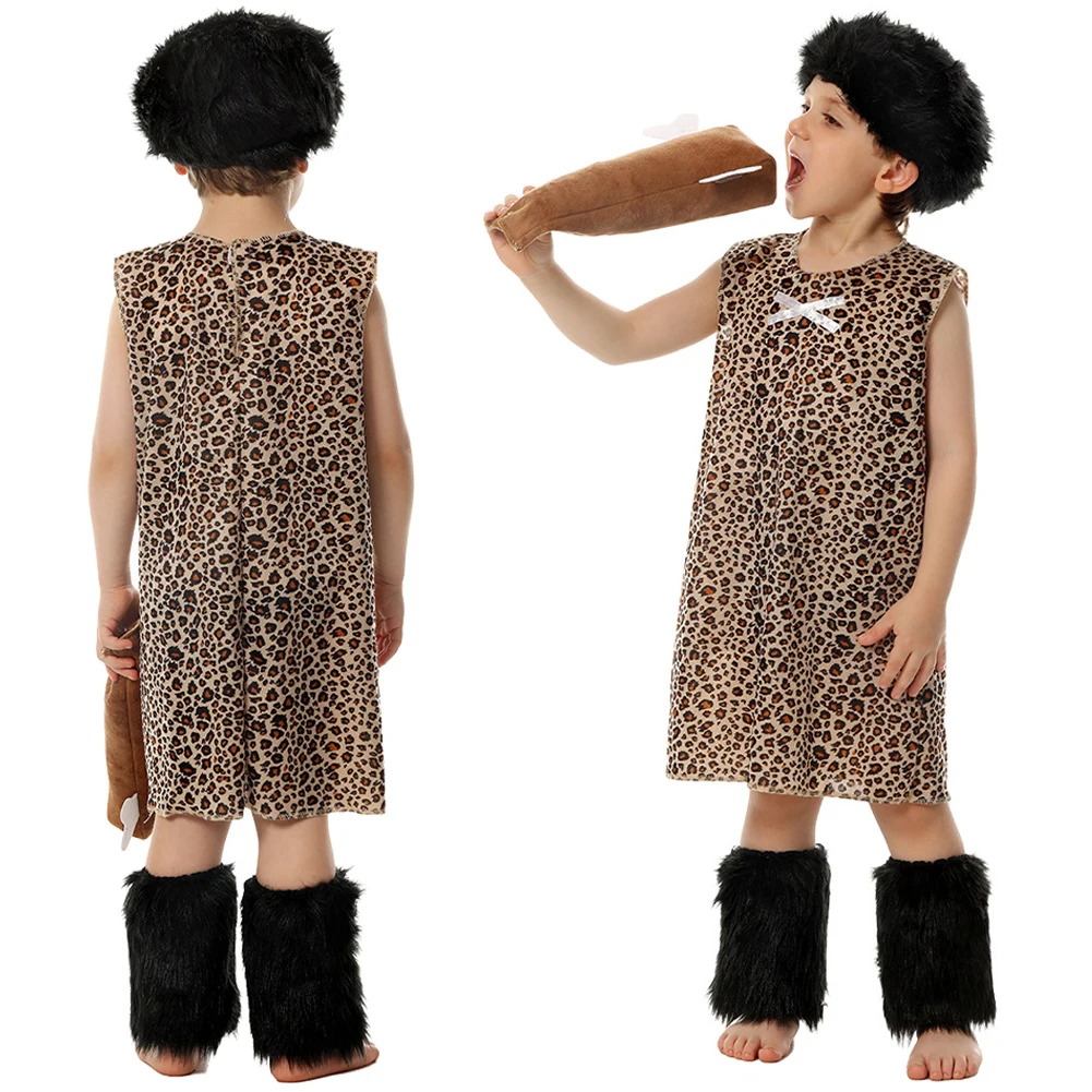 Kids Boys Hominid Cosplay Indian Costume Dance Stage Performance Outfits Children Disguise Wigs Foot Cover Child Halloween Suit