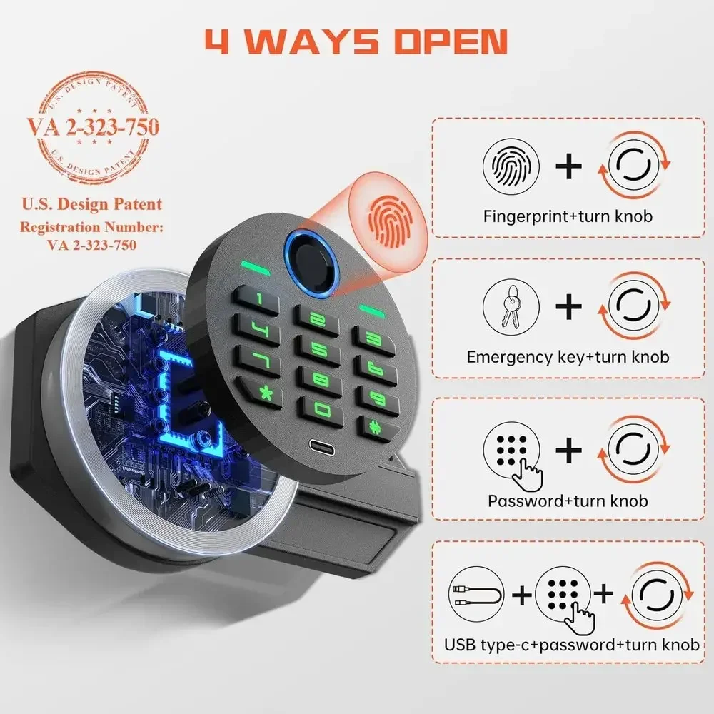 Extra Large Waterproof Biometric Fingerprint Home Security Safe Box with Adjustable Shelf and Deposit Slot, Backlit Keypad and D