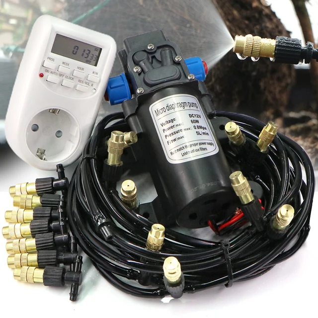30-10m 60W zestaw pompy samozasysającej mgła układ chłodzenia 1/4 "4/7mm regulowana dysza opryskiwacz z atomizerem nawadnianie ogrodu