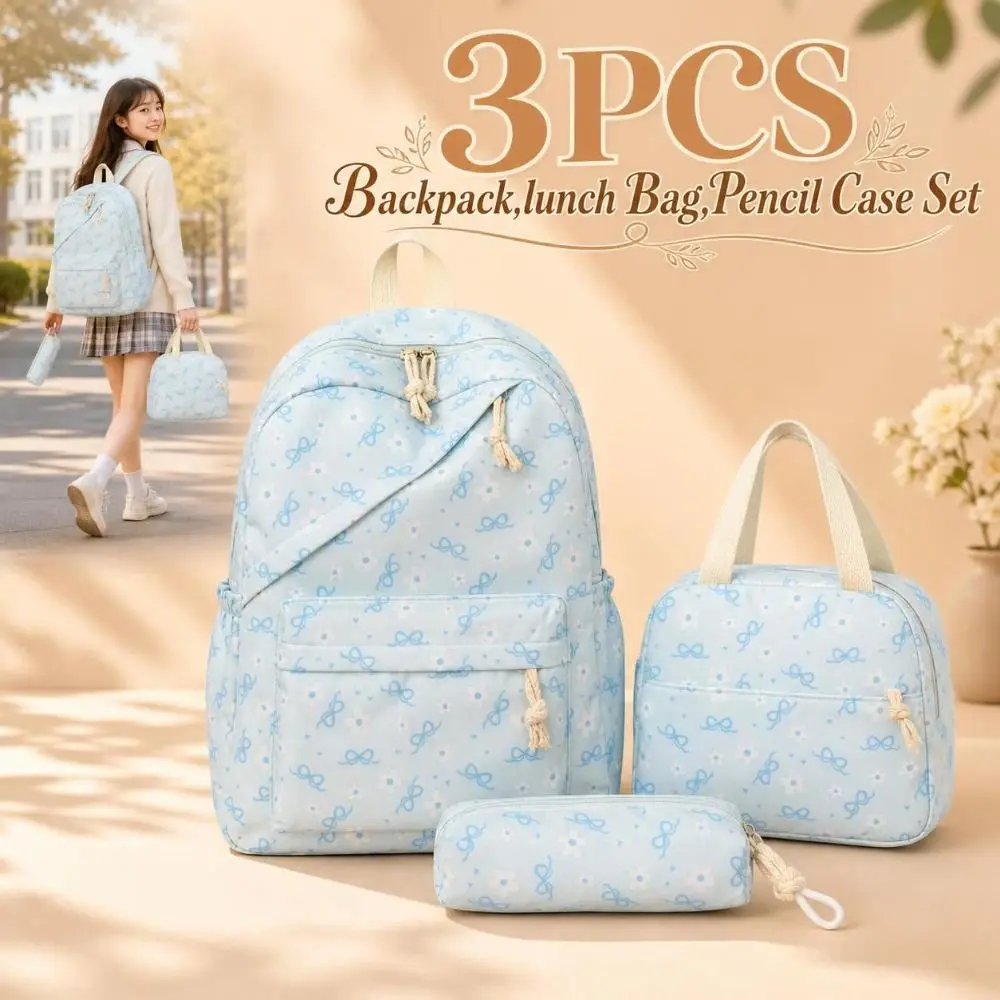 3PCS Bow Print Backpack,lunch Bag,Pencil Case Set Spacious Lightweight Schoolbag Set Waterproof Sweet Student Rucksack Set