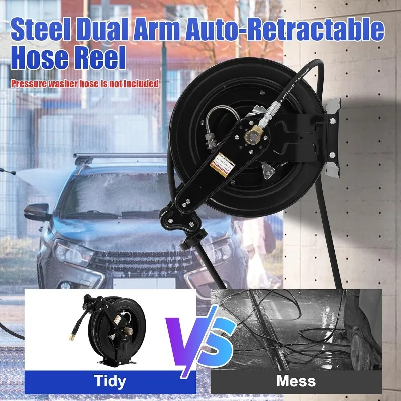 High Pressure Washer Hose Reel for Water/Air/Oil, 3/8" X 50 FT Steel Dual Arm Auto-Retractable Power Wash Hose Reel