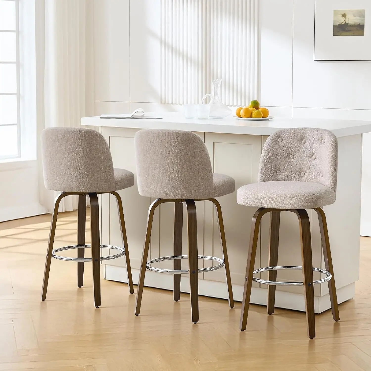 

Swivel Bar Stools Set Of 3, 26" Counter Stool With Back, Walnut Bent Wood Legs, Linen Fabric Upholstered Barstools, Customized