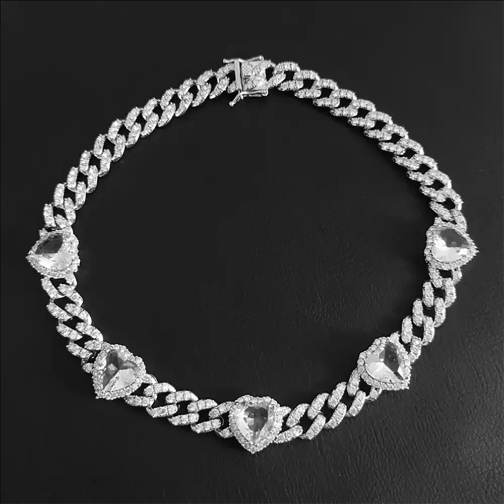 10mm Pink Heart CZ Silver Iced Out Cuban Chain Necklace Hip Hop Prong Link Chain Choker Necklace Women