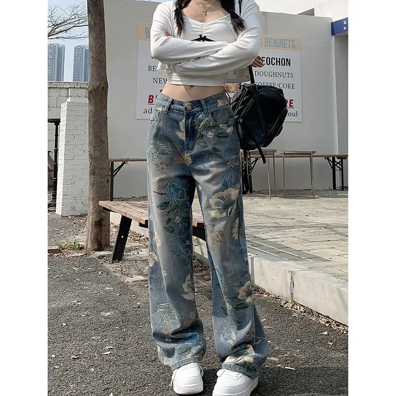 Jeans alla moda a gamba larga stampati da donna, design slim a vita alta di grandi dimensioni, pantaloni da pavimento con tasca dritta con cerniera