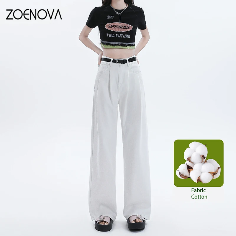 ZOENOVA Maillard Summer Thin White Fashion Women's Jeans Office Ladies High Waist Loose Simple Versatile Denim Wide Leg Pants