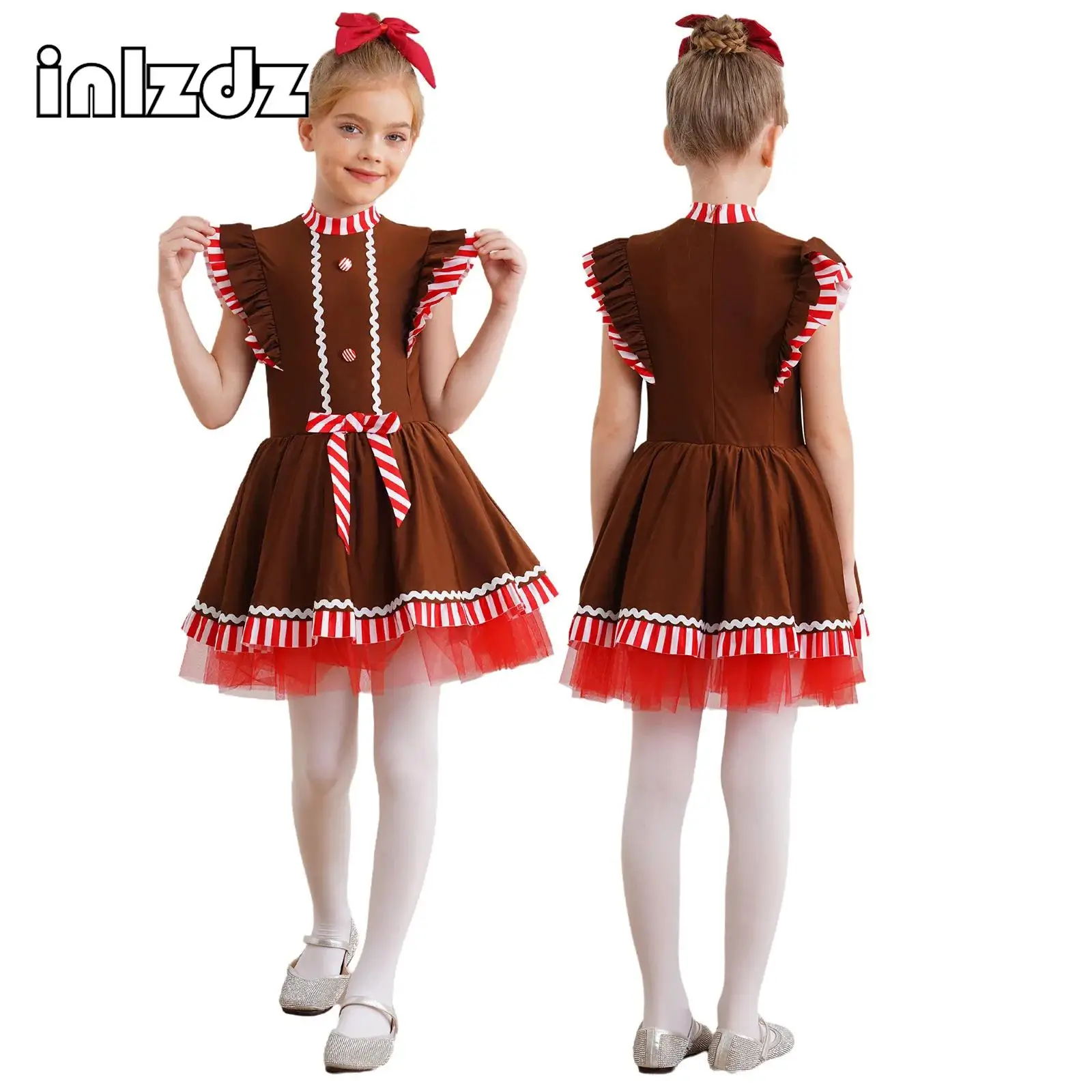 

Kids Gingerbread Man Costume Gingerbread Girls Party Dress Candy Cane Christmas Costume Cookie Roleplay Dress Up Dance Wear