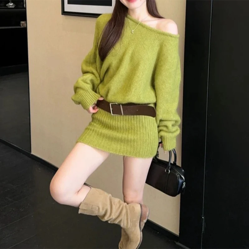 Französisch Sexy Off Schulter Kleider Frauen mit Gürtel Unregelmäßige Langarm Gestrickte Kleid Herbst Mode Taille Spicy Girl Kleider