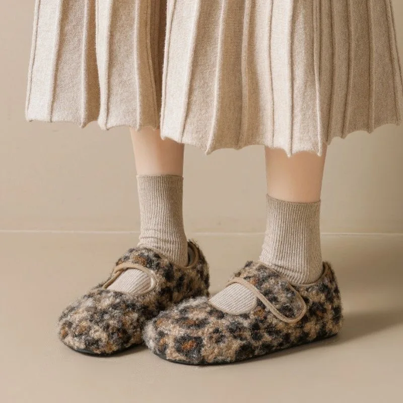Leopard Winter Fur Shoes Women Mary Janes Warm Plush Flats Non-slip Fashion Brand Ladies Shoes Soft Big Size 42 DX766