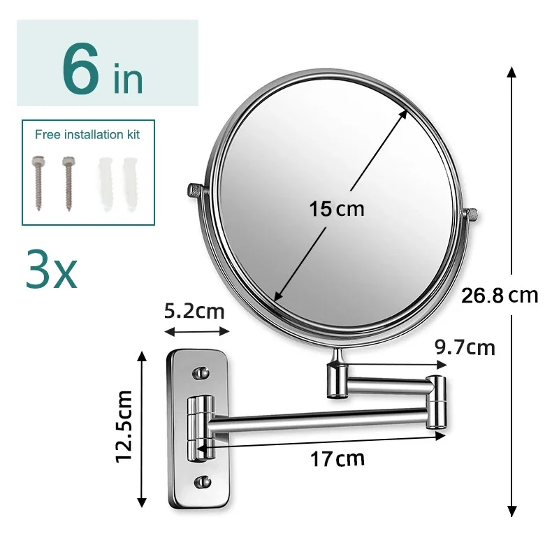 6/8 بوصة تلسكوبي أضعاف تكبير مرآة تجميل الحمام الحائط مرآة لوضع مساحيق التجميل على الوجهين تدوير مرآة لوضع مساحيق التجميل