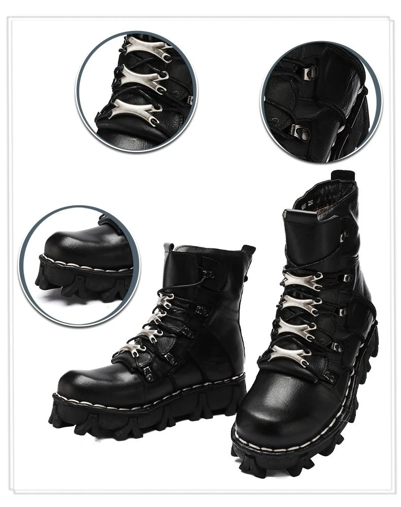 Fashion Men's Cowhide Genuine Leather Motorcycle Boots Gothic Skull Punk Combat Boots Thick Sole Snow Boots Hiking Shoes - view 6