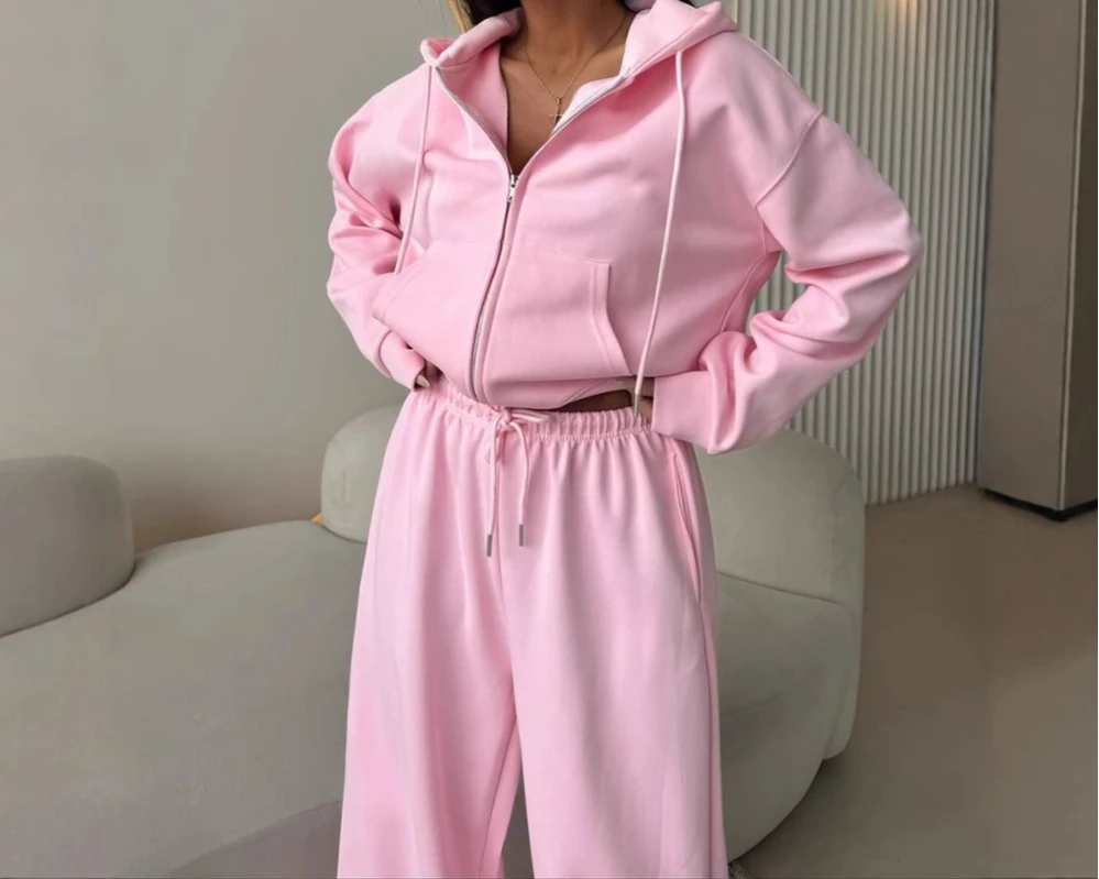 Women's Solid Color Long Sleeve Zippered Cardigan Hooded Sweatshirt Lace-up Trousers Two-piece Set 2026 Y2K Sportswear