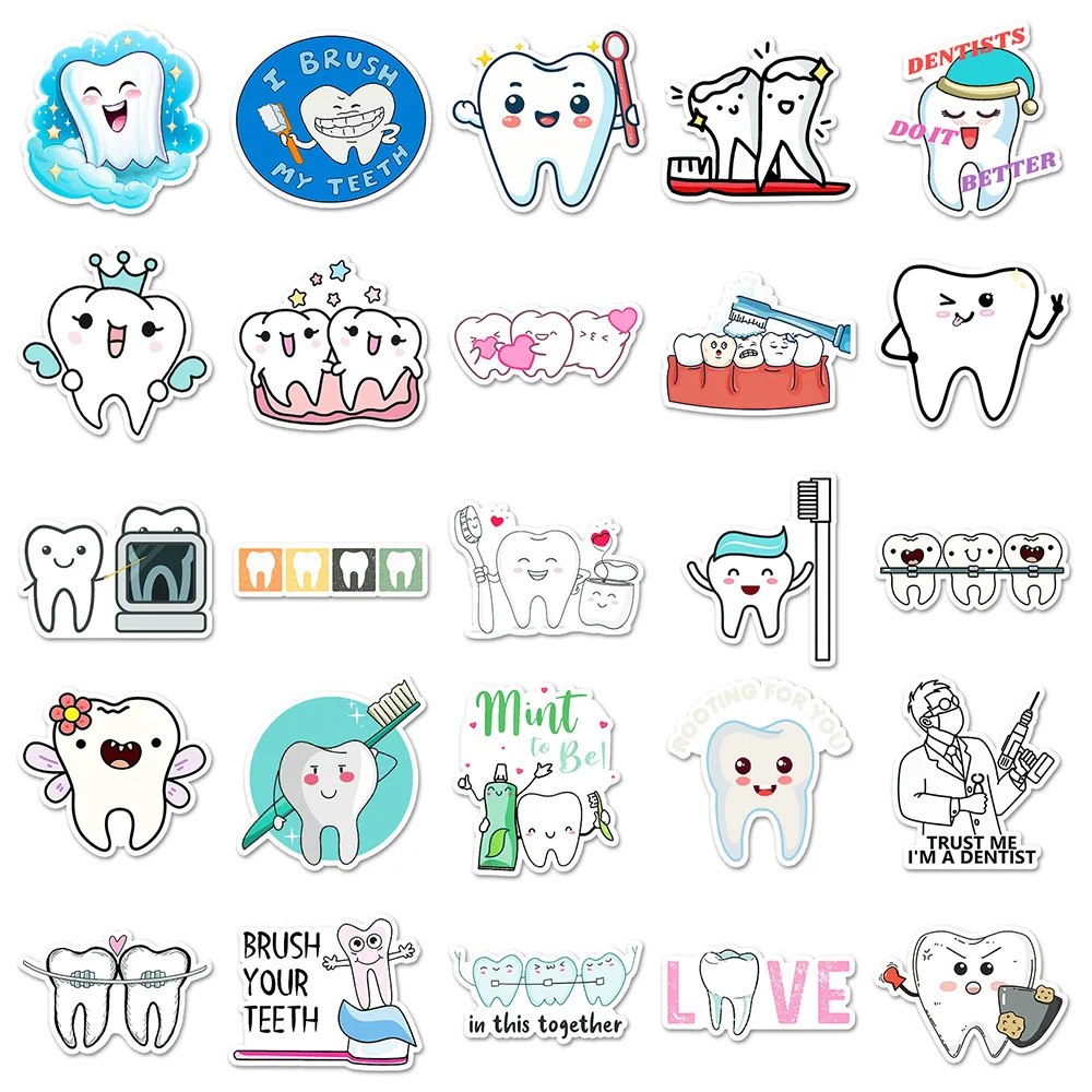 10/30/50pcs Cute Dentist Protect Tooth Stickers divertente spazzolino da denti decalcomania dei denti bagagli fai da te Skateboard Laptop Cartoon