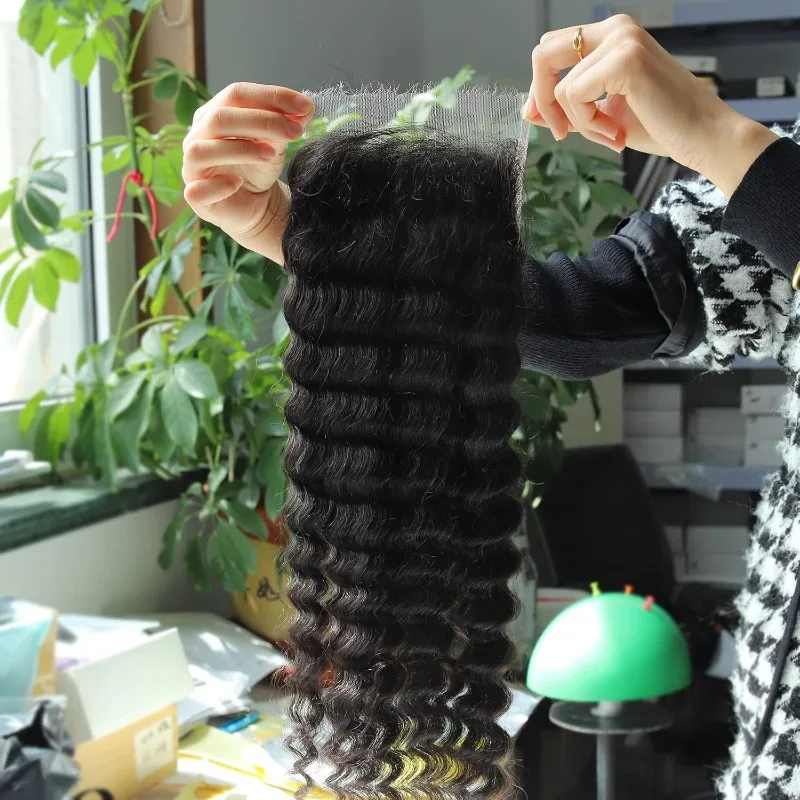 Onda profonda 5x5 Chiusura in pizzo svizzero 12A Capelli umani vergini brasiliani Parte libera Pre pizzicata con capelli del bambino Colore naturale 8-22''