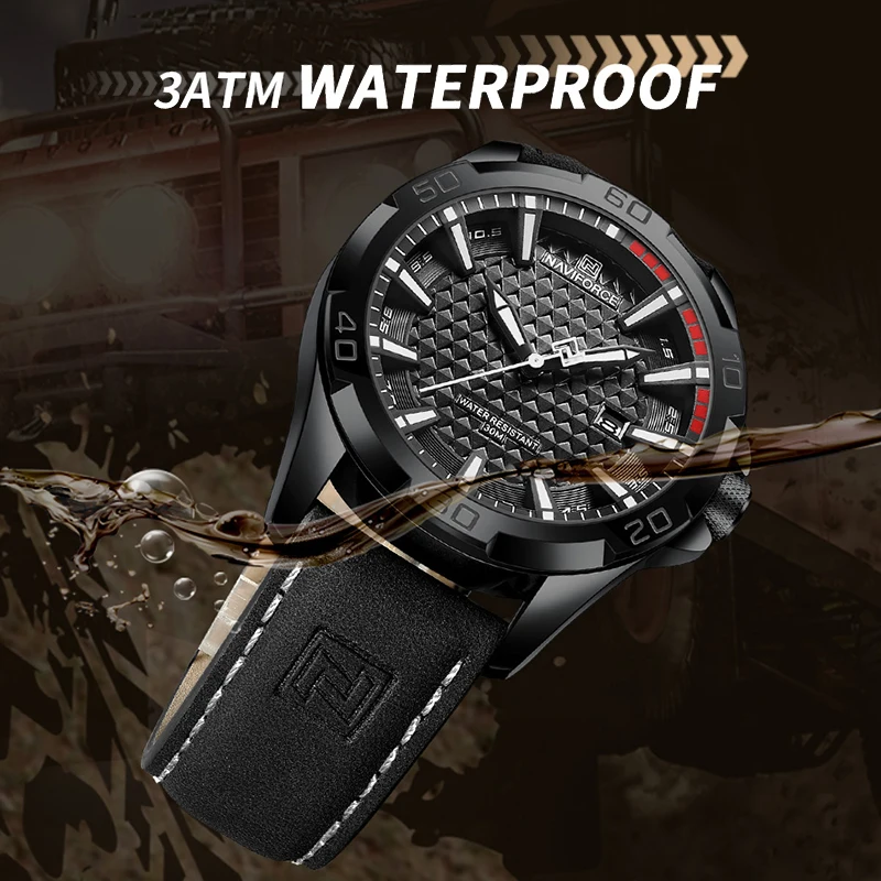 NAVIFORCE Original Fashion Wild Watches for Men Waterproof Leather Man Wristwatch Quartz Calendar Clock Relogios Masculino 8023