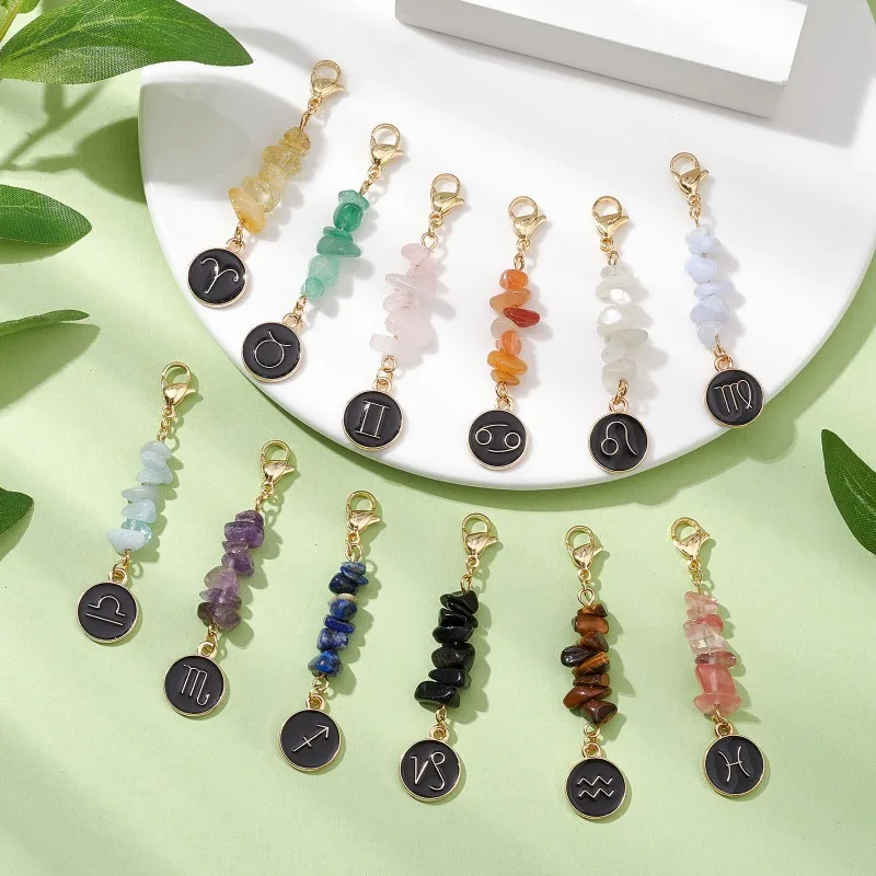 12 Zodiac Guardian Stone Ornament Round Disc Chip Stone Pendant Jewelry Accessory Amethyst Tassel Charms Keychain