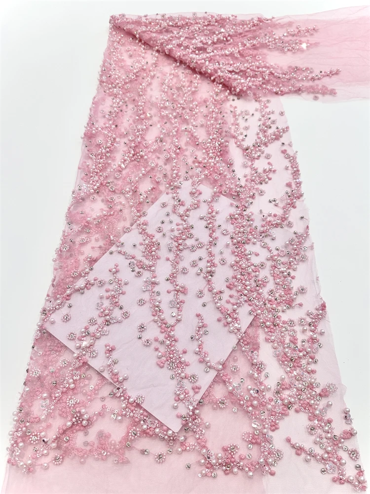 

High-end Heavy Industry New Fashion Design Fabric Handmade Embroidery Net Lace Full Beads For Making Women Wedding Dress