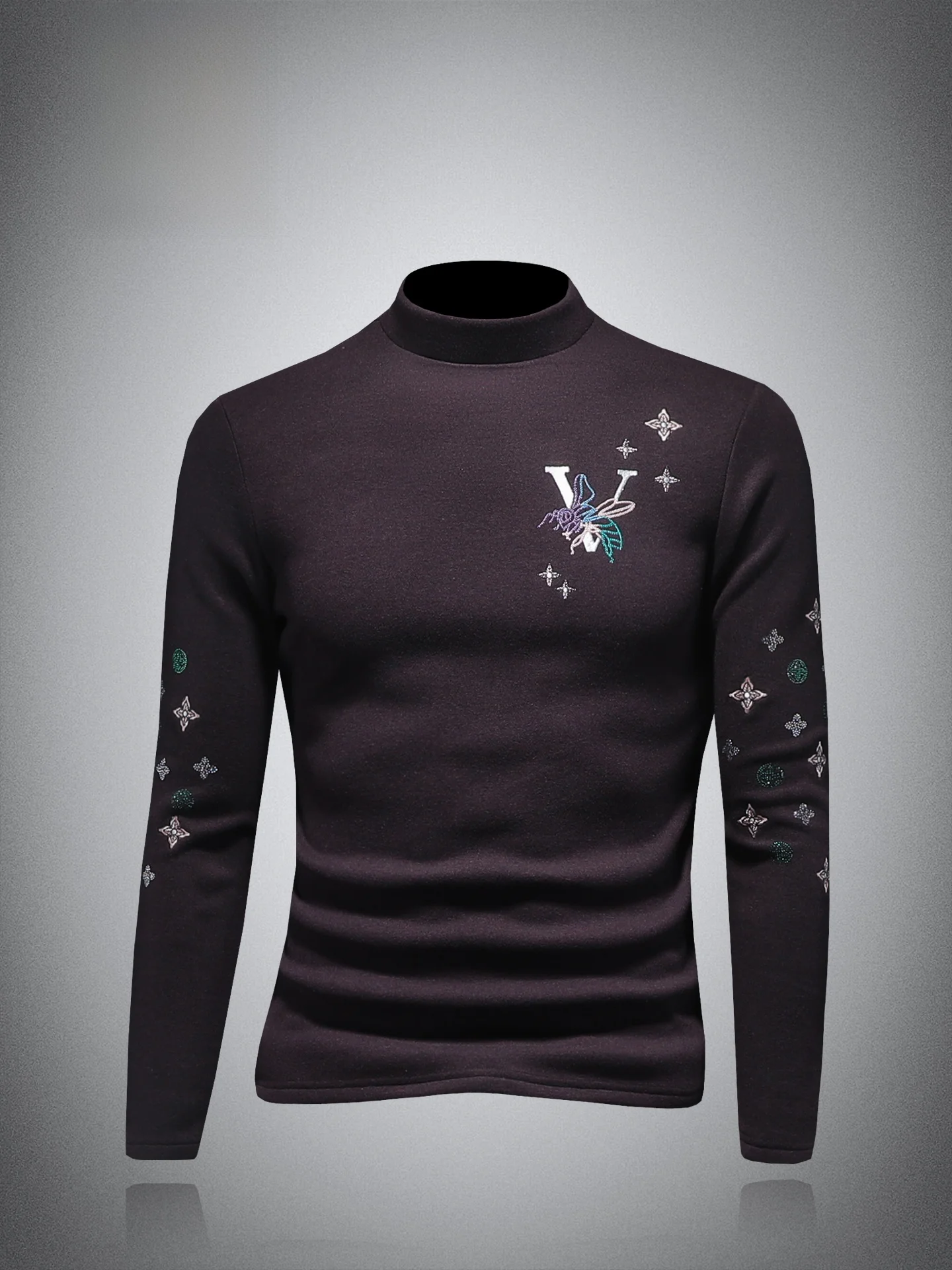 

Long Sve T-irt Men's Winter Faion Fce Lined Thiened Embroidery Pattern Slim Fit Warm Base irt Trendy