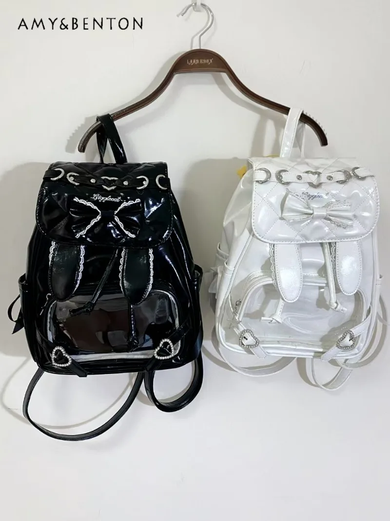 Japanese Lolita Mine Series Lace Bunny Ear Backpack Small Capacity Itabag Women Cute Bow Heart Rhinestone Buckle Kawaii Backpack