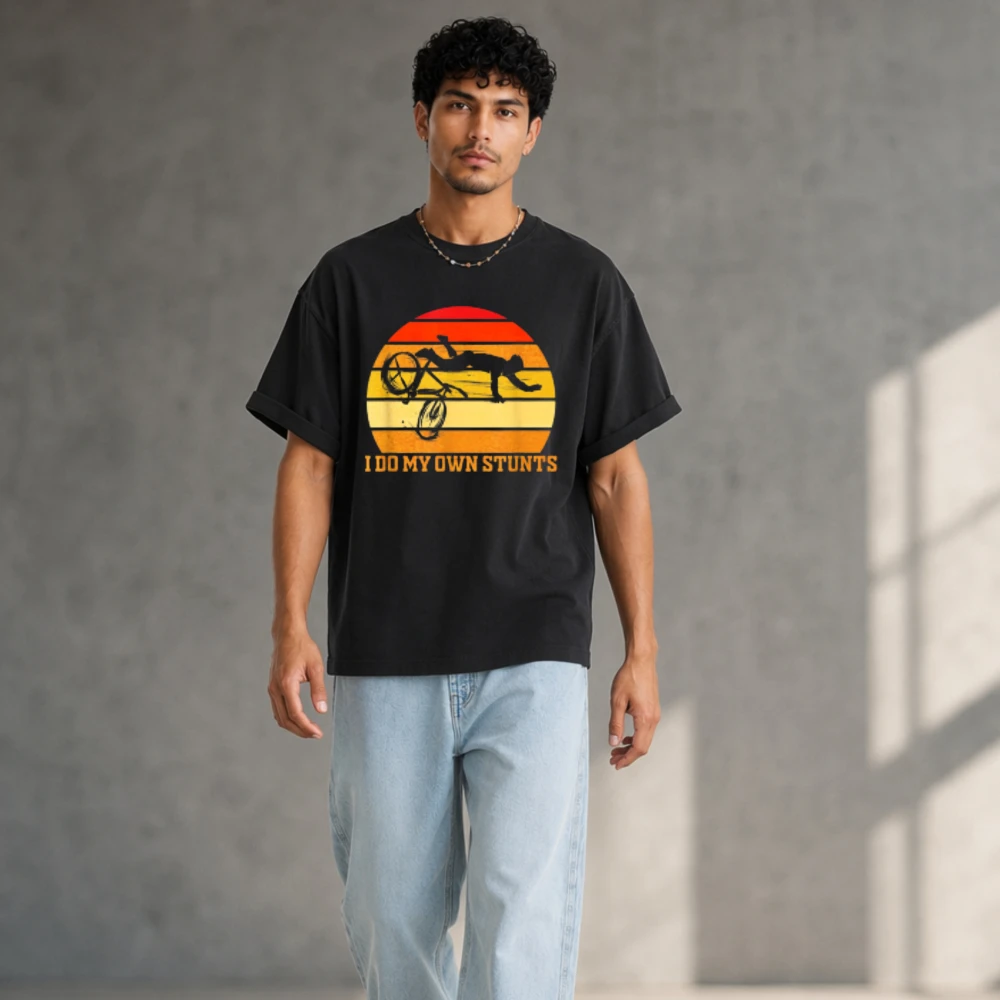 Vintage Retro Sunset I Do My Own Stunts BMX Bike Stunt Graphic T Shirt Men Cotton Crewneck Tee Extreme Sports Rider Casual Tops
