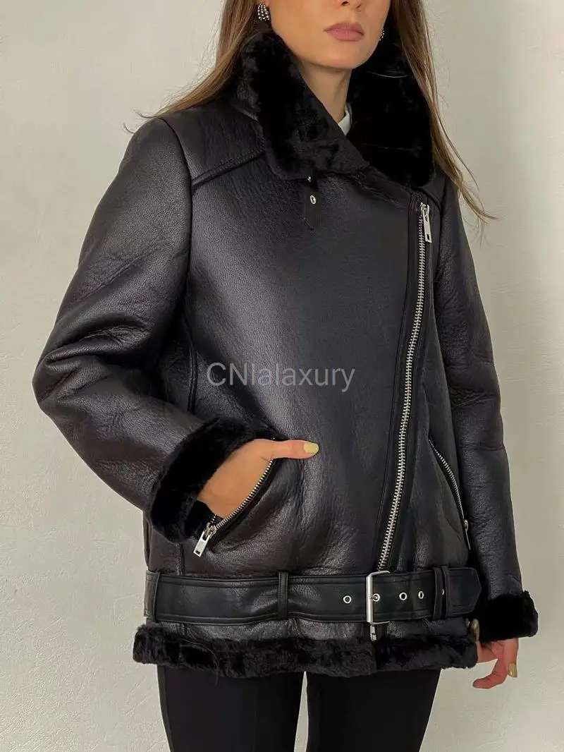 CNlalaxury Winter Women Thickness Faux Leather Fur Sheepskin Coat Female Vintage Lambswool Female Jacket Outwear Casaco Feminino